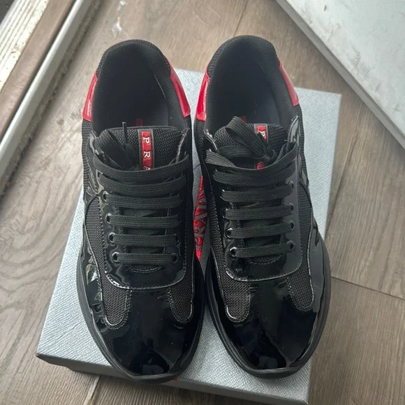 PRADA 12aw rubber sole shoes red× black Prada Vintage 1990s Burgundy Red Leather Black Chunky Sole Shoes